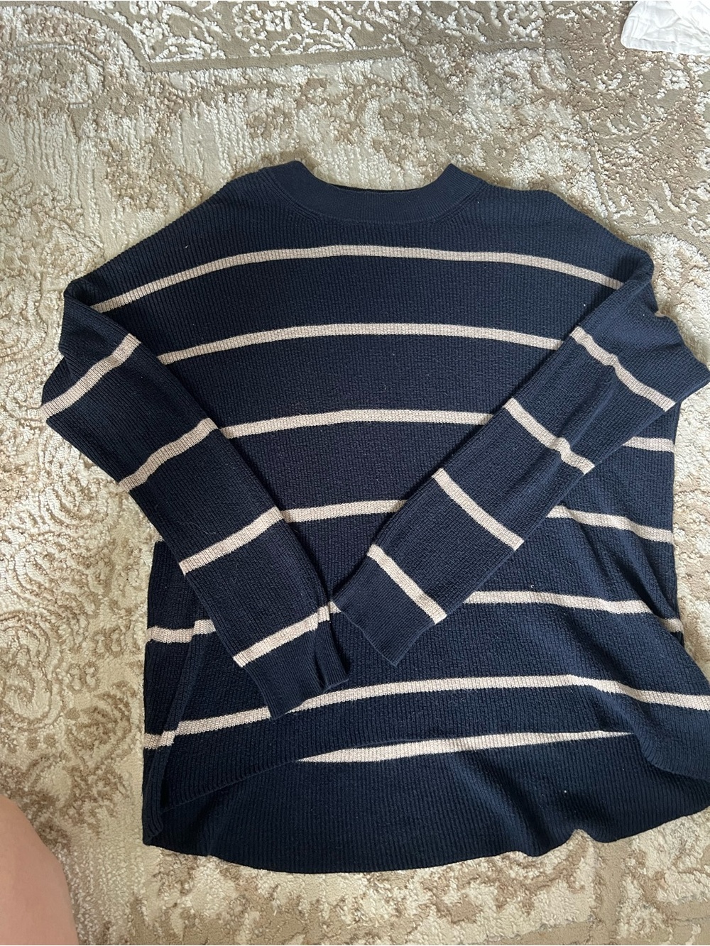 American Eagle Outfitters Navy and Cream Striped Crewneck Sweater